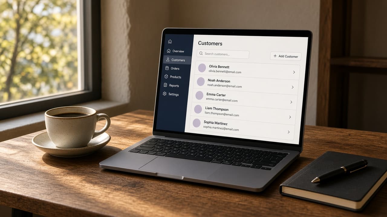 A laptop on a wooden desk showing a simple web app, with a notebook and coffee beside it