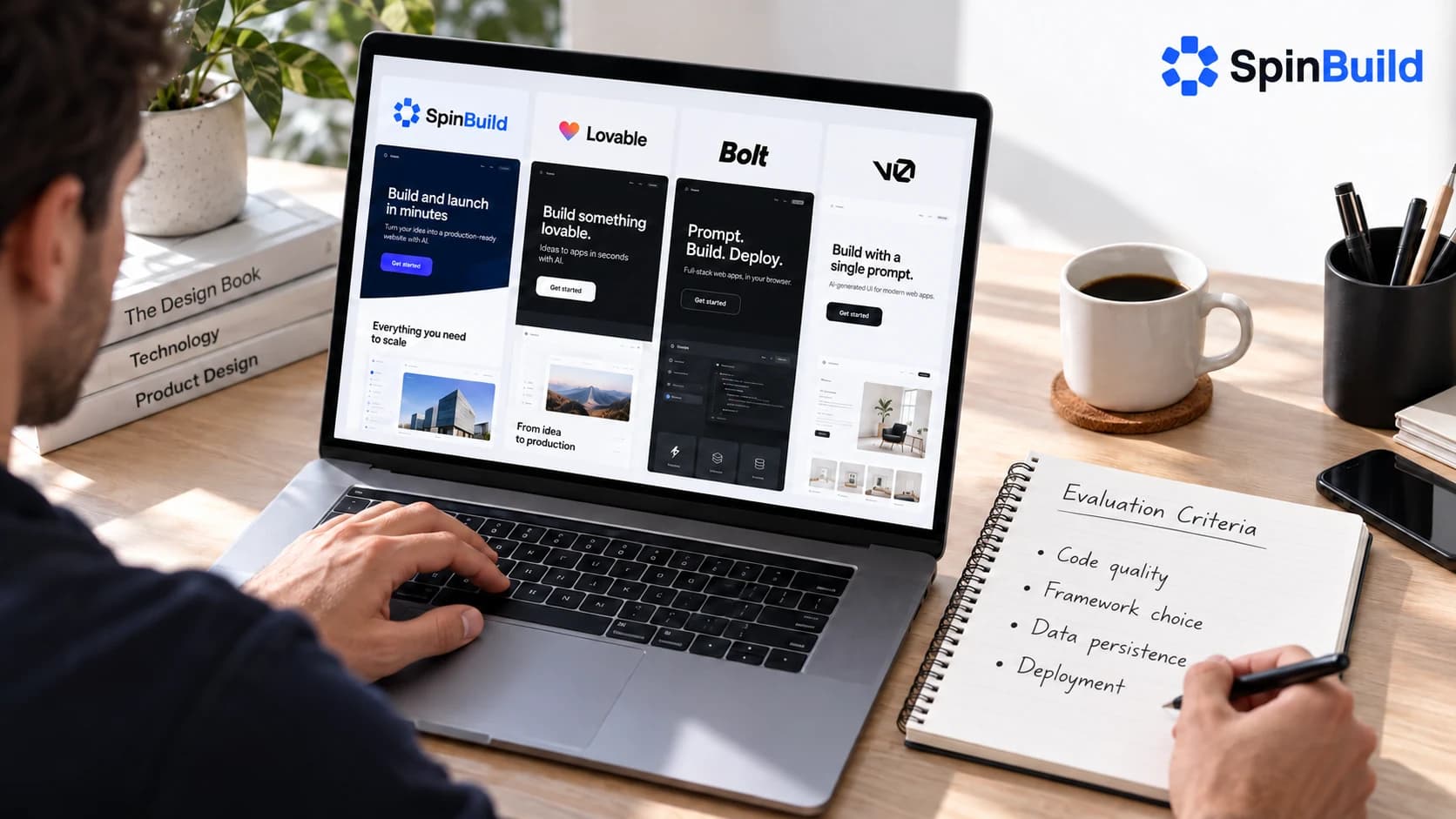 Laptop comparing website builders beside a notebook of evaluation criteria, with SpinBuild branding