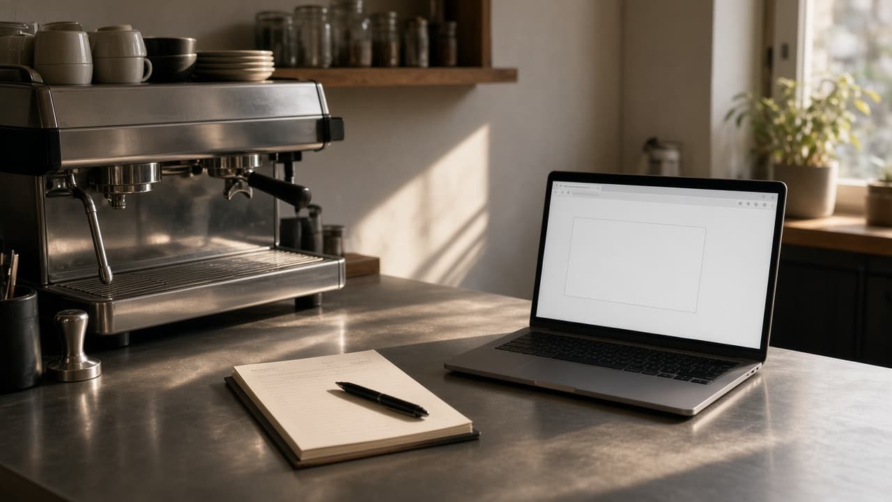 A cafe counter with an espresso machine, an order pad, and a laptop open to a simple form
