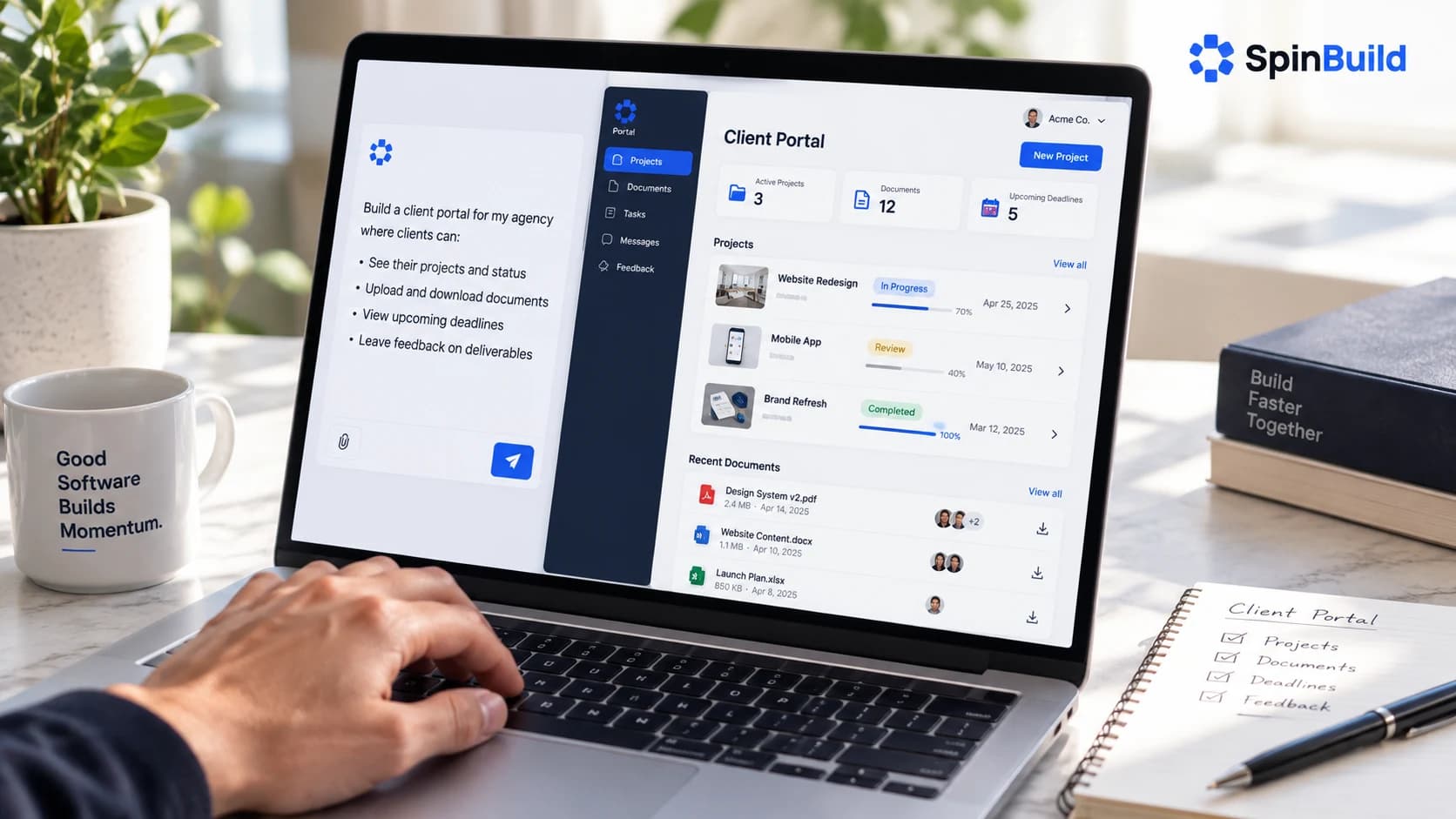 Laptop showing a written request alongside a client portal preview, with SpinBuild branding