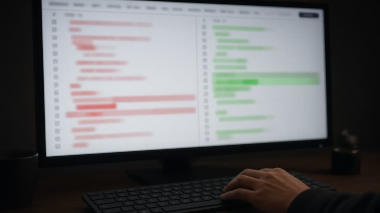A monitor at night showing a code diff, with a hand resting near the keyboard