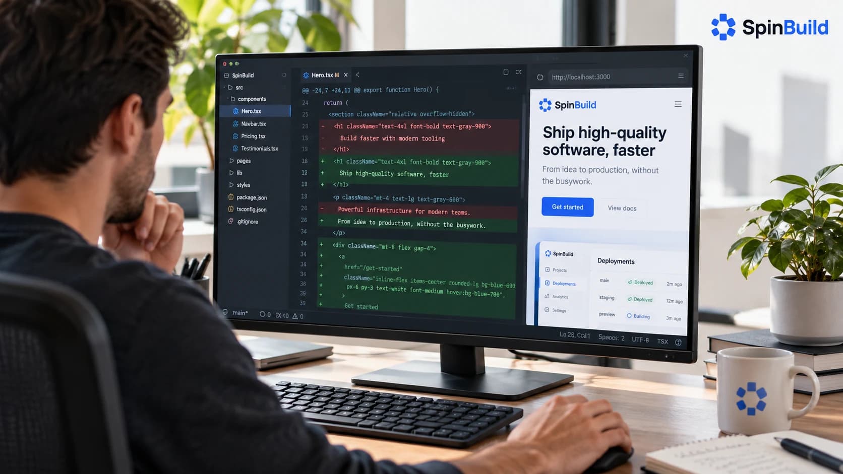 Developer reviewing a code diff alongside a website preview, with SpinBuild branding