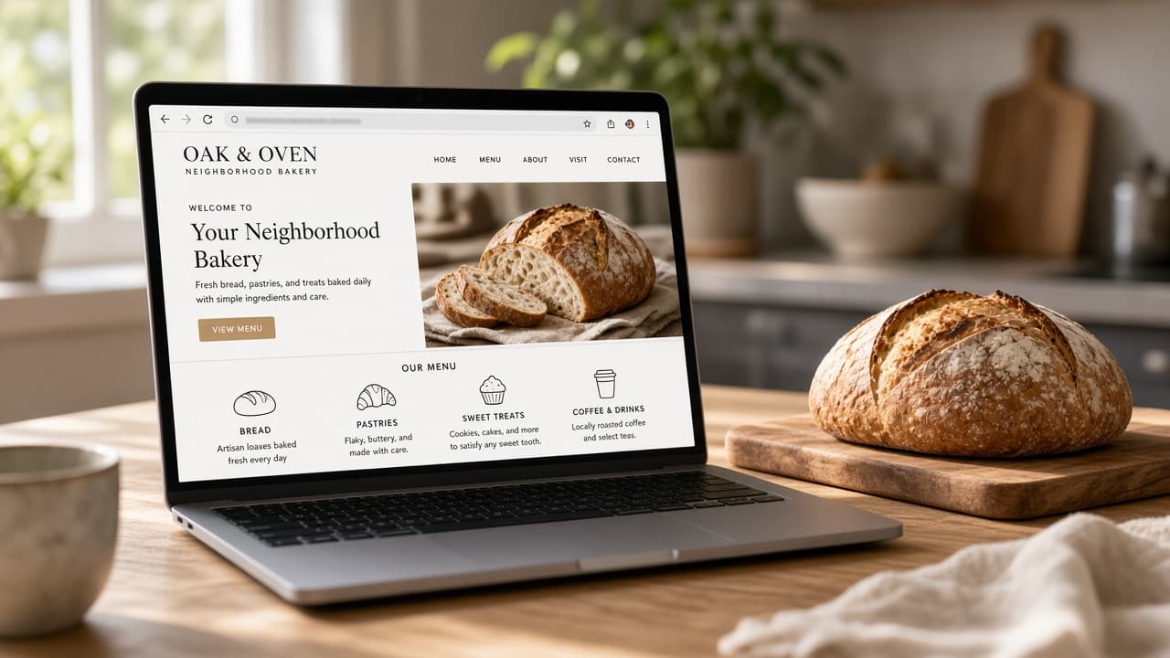A laptop on a kitchen table showing a simple bakery website, with bread on a board beside it